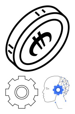 Finansal sembollü sikke, yapay zeka ağı ve ekipman ile kafa, yenilik, otomasyon. Fintech, yapay zeka geliştirme, makine öğrenimi, engelleme zinciri, kripto para birimi iş stratejisi soyut