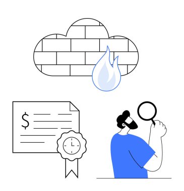 Bulut güvenlik duvarı verileri koruyor, dolar ve saat sembollü belgeler, büyüteçle bireysel denetleme. Siber güvenlik, veri koruması, dijital kimlik doğrulama, bilişim yönetimi için ideal