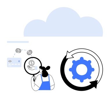 İş kadını, bir bulut simgesinin altında oklu büyük bir vites sembolünün yanında bir büyüteçle finansal verileri analiz ediyor. Veri analizi, bulut hesaplaması, finansal işlemler için ideal