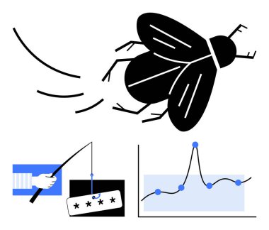 Şifreli büyük siyah sinek ve veri grafiği dijital tehditleri vurguluyor. Siber güvenlik, teknoloji, sosyal mühendislik, veri analizi, risk yönetimi, farkındalık, koruma için ideal