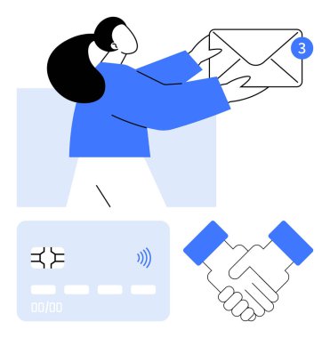 Bildirimli zarf tutan kadın, el sıkışma hareketi ve iletişimi, anlaşmayı ve işlemleri sembolize eden kredi kartı. Dijital mesajlaşma, finans, anlaşmalar, ortaklıklar için ideal