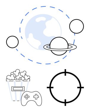 Gezegen etrafında halkaları olan gezegen sistemi, patlamış mısır kovası, oyun kumandası ve hedef kiti. Oyun, eğlence, astronomi, medya eğlencelerini hedef alan film gecesi için ideal. Çizgi
