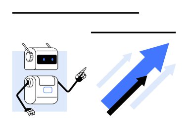Yukarı doğru hareket eden okları gösteren robot karakter. Teknoloji, yenilik, büyüme, ilerleme, başarı, gelecek, rehberlik için idealdir. Satır metaforu