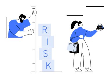 Adam riskleri cetvelle ölçüyor, kadın çantalarla alışveriş yapıyor ve çantasını değerlendiriyor. Risk değerlendirmesi, iş stratejisi, perakende analizi, mali planlama, tüketici davranışı ve karar için ideal