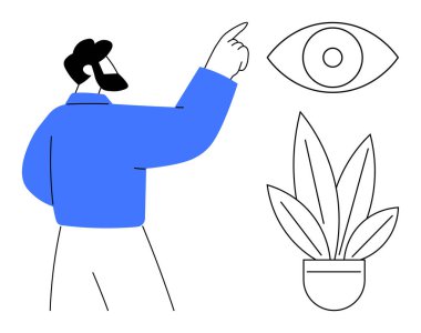 Mavi gömlekli adam, saksı bitkisinin yanındaki göz sembolünü işaret ediyor. Görüş, gözlem, odaklanma, büyüme, farkındalık, strateji ve farkındalık kavramları için idealdir. Soyut çizgi düz metafor