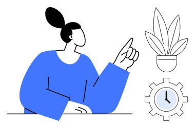 Yukarıya bakan insanlar, yakınlarda saksı bitkisi ve saat teçhizatı. Üretkenlik, zaman yönetimi, büyüme zihniyeti, işyeri verimliliği, organizasyon, hedef belirleme için ideal. Basit soyut çizgi