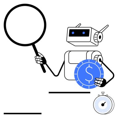 Robot büyüteçle analiz ediyor, bir dolar sembollü bozuk para tutuyor, kronometrenin yanında. Otomasyon, yapay zeka, zaman yönetimi, fintech, araştırma, maliyet analizi için ideal düz çizgi
