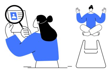 Büyüteçle inceleme profili, yoga minderiyle meditasyon. Güvenlik, kimlik tespiti, farkındalık, konsantrasyon, denge, iç gözlem öz bakım kavramları için idealdir. Soyut