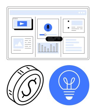 Dolar madeni para hatları ve mavi ampul ikonu ile gruplandırılmış medya, grafikler ve dosyalarla gösterge paneli arayüzü. Finans, yaratıcılık, analitik, strateji, yenilik, teknoloji soyut çizgisi için ideal