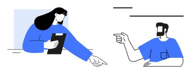 İki kişi fikir alışverişinde bulunuyor, biri tablet tutuyor ve ikisi de işaret ediyor. Takım çalışması, iletişim, işbirliği, tartışma, fikir alışverişi liderlik etkileşimi için idealdir. Basit soyut çizgi