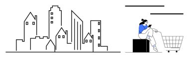 Minimalist çizgi sanatında şehir silüeti. Şahıs, bir alışveriş arabasının yanındaki bir blokta, el bilgisayarı kullanarak oturuyor. Kentsel yaşam, e-ticaret, dijital yaş, modern yaşam tarzı, online alışveriş için ideal