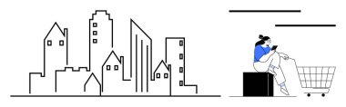 City skyline in minimalistic line art. Individual sits on a block beside a shopping cart, using a handheld device. Ideal for urban life, e-commerce, digital age, modern lifestyle, online shopping clipart