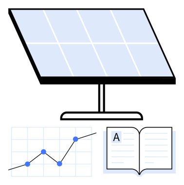 Güneş paneli kurulumu, veri tabanlı çizgi grafiği ve açık kitap. Yenilenebilir enerji, eğitim, çevre, sürdürülebilirlik, veri analizi, yeşil teknoloji soyut düz çizgi metaforu için ideal