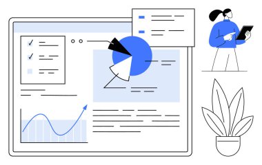 İş kadını analitiği ekranın yanındaki tablet üzerinde grafikler ve grafiklerle inceliyor. Elementler arasında pasta grafiği, çizgi grafiği, kontrol listesi ve saksı bitkisi yer alıyor. İş görüşleri ve veriler için ideal
