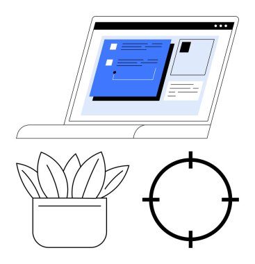 Dizüstü bilgisayar ekranı, konsolu, saksı bitkisi ve hedef sembolü. İş yeri kurulumu, üretkenlik, organizasyon, iş stratejisi, hedef belirleme, dijital çalışma alanları için ideal