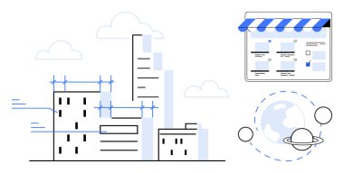 İnşaat halindeki gökdelenler, çevrimiçi bir mağaza arayüzü ve ağ düğümlü bir dünya. Kentsel planlama, e-ticaret, küreselleşme, teknoloji, altyapı, bağlantı yeniliği için ideal