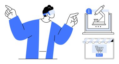 Bilgisayarda mikroskop ve satın alma düğmesi olan online mağazayı gösteren kişisel jestler. Çevrimiçi eğitim, e-ticaret, sanal öğrenme, bilim iletişimi, dijital alışveriş, araştırma için ideal