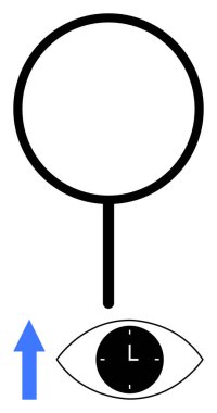 Gözünün üstünde minimalist bir büyüteç gözbebeğinde saat ve yukarı doğru mavi bir ok var. Vizyon, zaman yönetimi, odak, netlik, ilerleme, gelecek, soyut çizgi düz metaforu için ideal