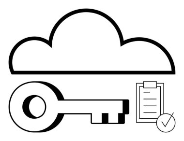 Anahtar ve kontrol listesine sahip bulut şekli erişim kontrolü, veri güvenliği ve şifrelemeyi temsil ediyor. Siber güvenlik, bulut bilgisayarı, veri yönetimi, denetimler, bilişim uyumluluğu, çevrimiçi hizmetler için ideal