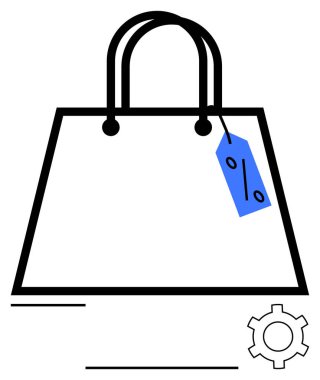 Satışları, e-ticareti, perakende stratejilerini ve optimizasyonu simgeleyen mavi indirimli etiketli alışveriş çantası ve vites simgesi. Perakende, pazarlama, indirim, alışveriş, strateji planlaması için ideal