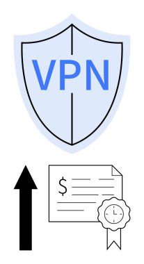 Güvenliği simgeleyen VPN mesajı olan bir kalkan, yukarı doğru okun yanında mali büyümeyi simgeleyen bir dolar banknotlu belge. Çevrimiçi güvenlik, gizlilik, mali büyüme ve şifreleme için ideal
