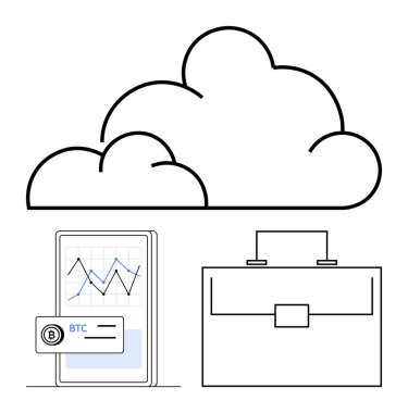 BTC ticaret uygulamalı akıllı telefon, bulut depolama, modern işleri, yenilikleri ve fintech 'i simgeleyen evrak çantası. Finans, teknoloji, veri güvenliği, yatırım kripto para birimi uygulamaları için ideal