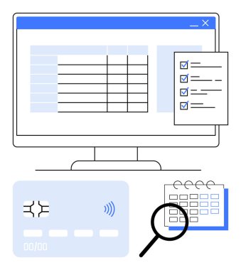 Bilgisayar ekranında bir hesap tablosu ve kontrol listesi, kredi kartı, takvim ve büyüteç var. Finans, planlama, denetleme, analiz, organizasyon işleri için ideal.