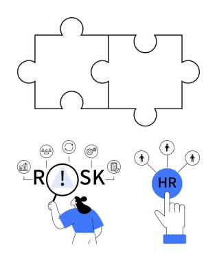 Bulmaca parçaları, iş kadınıyla risk analizi risk simgeleri, kalın İK düğmesi etkileşimi. İdeal İK yönetimi, risk değerlendirmesi, takım çalışması, karar verme, planlama stratejisi