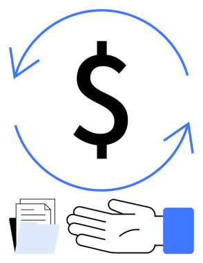 Çerçevelenmiş dolar işareti dairesel oklar, belgeler ve el uzatılmış. Finans, ticaret, iş süreçleri, işlemler, belge servisi karşılıklılığı için idealdir. Satır metaforu