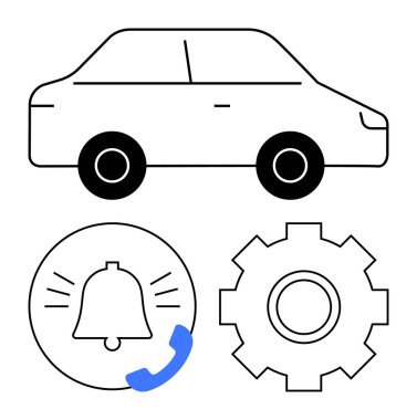 Uyarı zilinin minimalist simgelerine sahip telefon, dişli sembolik ayarlar. Araba teknolojisi, otomasyon, alarmlar, Uyarı, Uyarı, Araç kontrolü, Soyut çizgi düz metaforu