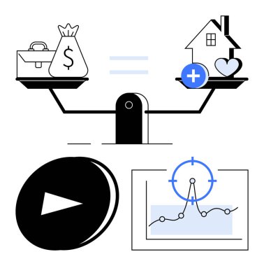 Para, ev ve sağlık sembollerini dengeler. Oyun düğmesi ve grafikler stratejileri ve kararları vurguluyor. Finans, refah, yaşam tarzı, planlama, strateji iş-yaşam dengesi için ideal