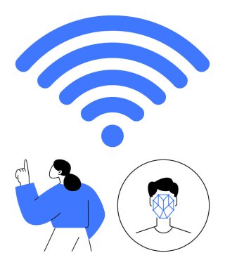 Büyük kablosuz sinyal ikonu, bağlantıyı gösteren kişi ve yüz tanıma elemanı. Teknolojik yenilik, yapay zeka, gizlilik, biyometrik güvenlik, ağ oluşturma, kimlik soyut çizgisi için ideal