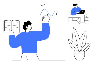 Grafik çizerken kitap tutan kişi, istiflenmiş kitaplar üzerinde dizüstü bilgisayar kullanan başka bir birey, saksı bitkisi. Eğitim, öğrenim, teknoloji, üretkenlik, analiz, soyut bilgi eğitimi için ideal