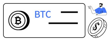 Metin satırlarının yanında Bitcoin ve dolar sikkeleri, arka planda el kol hareketi yapan adam. Kripto para birimi, finans, yatırım, dijital para birimi, Forex, ticaret ekonomisi tartışmaları için ideal. Basit soyut çizgi