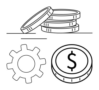 Yığınla bozuk para ve işaretli bozuk para vitesin altında. Finans, para yönetimi, tasarruf, ekonomi, iş büyümesi, yatırım kavramları, soyut düz metafor için ideal