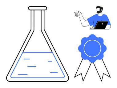 Sıvı, ödül kurdelesi ve bilimsel başarıyı temsil eden dizüstü bilgisayarlı bir laboratuvar şişesi. Eğitim, araştırma, yenilik, tanınma, başarı, keşif ve başarı için ideal
