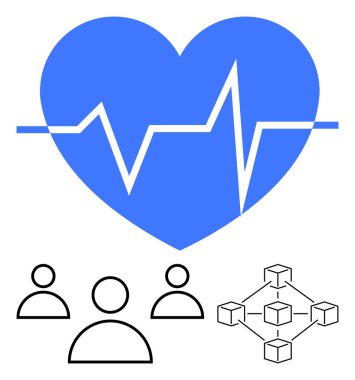 Nabız çizgisi olan büyük bir kalp, ağ yapısı, basit insan simgeleri. Sağlık, takım çalışması, bağlantı, tıbbi teknoloji, hasta veri paylaşımı ve soyut işbirliği için ideal