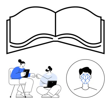 Açık kitap, dijital cihazlarla etkileşime geçen iki kişi, yüz tanıma ikonu. E-öğrenme, takım çalışması, yapay zeka, teknoloji, veri paylaşımı, dijital kimlik soyut metaforu için ideal