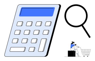 Büyük hesap makinesi, büyüteç ve alışveriş arabası olan kişi finansal analiz, bütçe ve tüketici davranışlarını ön plana çıkarıyor. Finans, alışveriş, bütçe ve analiz araştırmaları için ideal