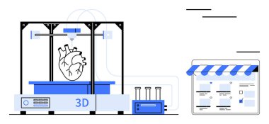 3D yazıcı bir insan kalbi modeli, laboratuvar ekipmanı ve çevrimiçi bir mağaza arayüzü yaratıyor. Tıbbi yenilik, teknoloji, biyoteknoloji, e-ticaret, sağlık hizmetleri, bilimsel