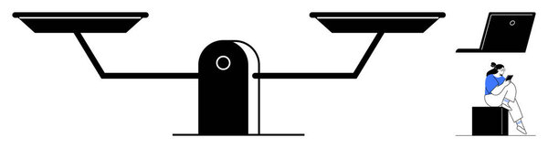 Балансовый луч, ноутбук и женщина, сидящая и размышляющая. Ideal for work-life balance, decision-making, productivity, personal reflection, mental health career time management. Линия