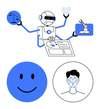 Hukuk terazileri, kalp bakımı, robotik, UI tasarımı, yüz tanıma ve mutluluk üzerine çalışan çok fonksiyonlu bir robot. Yapay zeka için ideal, otomasyon teknolojisi etiği sağlık sistemi robotik metaforu. Soyut
