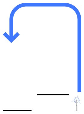 Mavi ok aşağıya doğru kıvrılır, sol iki yatay siyah çizgiyi işaret eder küçük kablosuz sinyal tabandan yayılır. İletişim, ağ, teknoloji, yön, ilerleme, hareketlilik, soyut