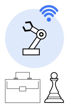 Robot kol otomasyonu ve bağlantıyı ön plana çıkarıyor. Satranç piyonu strateji ve planlama öneriyor. Evrak çantası iş ve mesleki büyümeyle ilgili. Teknoloji, yapay zeka, endüstri ve strateji için ideal