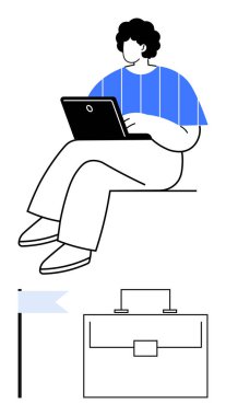 Yanında bir bayrak ve evrak çantası olan bir kişi otururken dizüstü bilgisayar kullanıyor. Uzak çalışma, üretkenlik, kariyer büyümesi, hedef belirleme, iş planlaması, dijital araçlar eğitimi, soyut düz çizgi