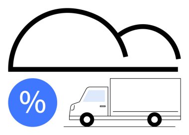 Kamyon stilize bulutların altında gidiyor, yüzde işaretli mavi daire. Lojistik, dağıtım hizmetleri, bulut hesaplama, maliyet azaltma, ulaşım, tedarik zinciri, iş verimliliği için ideal