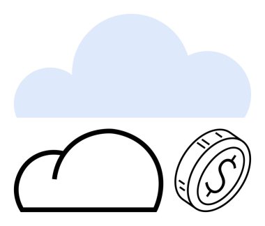 Mavi ve siyah soyut bulut simgesi ve içinde bir dolar işareti olan bozuk para. Bulut depolama, finans teknolojisi, çevrimiçi iş, dijital hizmetler, maliyet verimliliği, tasarruflar, soyut düz çizgi