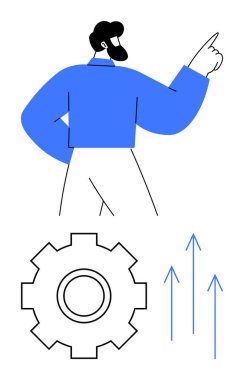 Vitesin ve büyüyen okların yanında hareket eden kişi liderlik, strateji ve verimliliği temsil ediyor. Yenilik için ideal, iş büyümesi, takım çalışması, başarı, vizyon ilerlemesi soyut çizgi