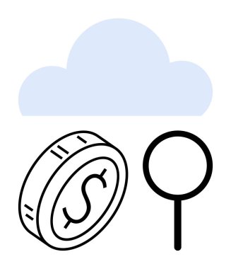 Dolar parası, büyüteç ve bulut finansmanı, veri incelemesi ve dijital kaynakları sembolize eden mavi bulut. Fintech, bulut depolama, ekonomi, teknoloji analiz birikimleri ve soyut için ideal