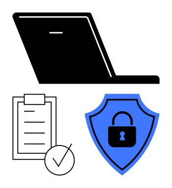 İş ya da teknoloji için dizüstü bilgisayar görev takibi için kontrol listesi ve siber güvenliği simgeleyen kalkan kilidi. Teknoloji, güvenlik, bilişim, uyum, verimlilik mahremiyeti ve güven için idealdir. Soyut